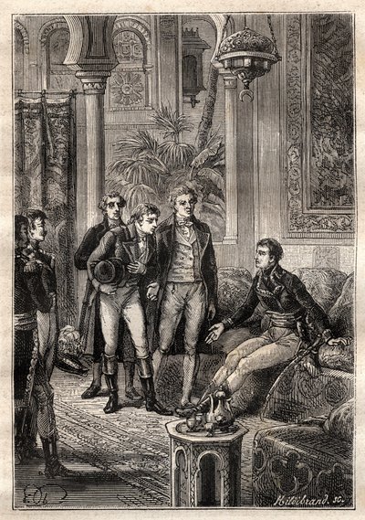 Friedrich Konrad Hornemann (1772-1801) møtte Napoleon Bonaparte i Kairo i 1797 i nærvær av Gaspard Monge (1746-1818) og Claude Louis Berthollet (1748-1822) - illustrasjon hentet fra "The Great Mariners of the 18th century" av French School