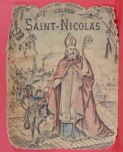 Forside på et bildealbum som viser St. Nicholas som bringer gaver til barna, sent på 1800-tallet (fargegravering) av French School