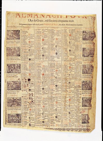 Forsiden av en almanach for 1653 (blekk på papir) av French School