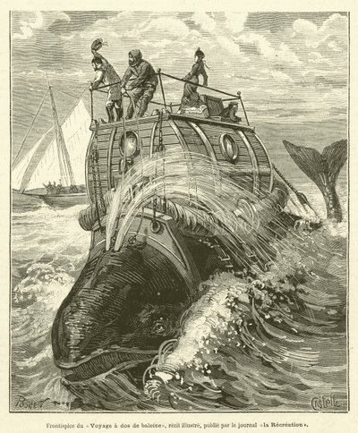 Frontispice of the Voyage på baksiden av en hval, en illustrert historie, utgitt av avisen La Recreation (gravering) av French School