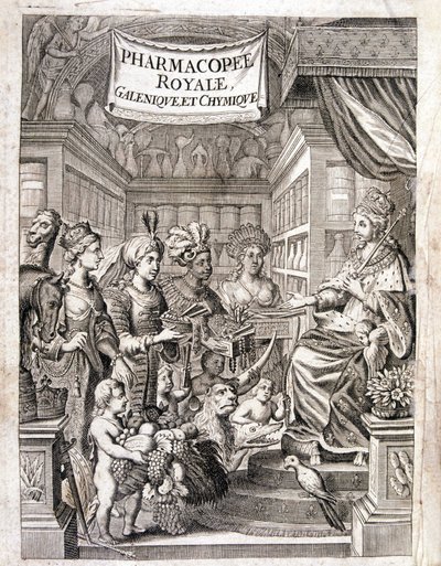 Frontispice av "" Pharmacopoeia royal, galenic and chymic"" av Morse Charas, apotek ved Royal Garden of Plants i Laurent d'Houry, Paris. 1 versjon 1691 og 1 versjon 1753 av French School