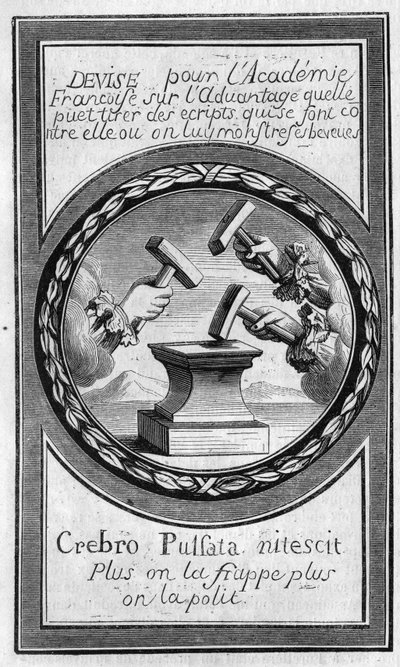 Frontispice of the "Factums" mot det franske akademiet av Antoine Furetiere (1619-1688). Gravering fra 1860. av French School
