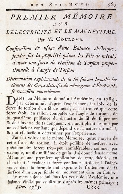 Frontispice av boken "" Første memoar om elektrisitet og magnetisme"" av Coulomb av French School
