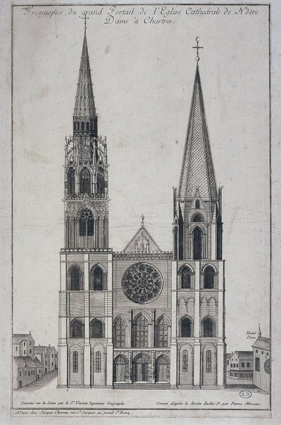 Frontispice av den store portalen til Church Cathedrale de Notre Dame à Chartres, designet på stedet av Saint Vincent Geographer Engineer, sd. 1800-tallet av French School