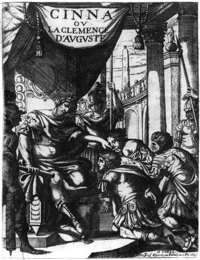 Frontispice av Cinna ou la Clemence dAuguste av Pierre Corneille (1606-84) utgitt i 1643 av French School