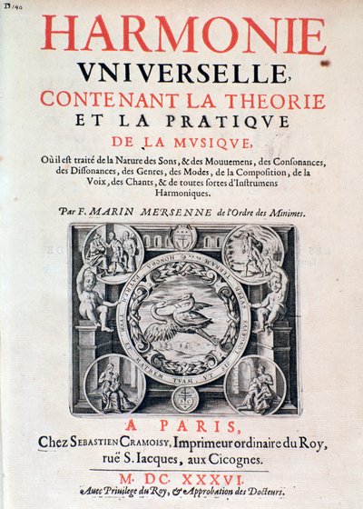 Frontispice av Harmonie universelle som inneholder teori og praksis for musikk av Marin Mersenne (Marin Mersennus eller le Pere Mersenne) (1588-1648), 1637. av French School