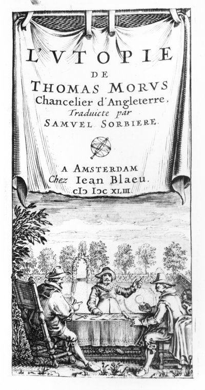 Frontispice av The Utopia of Thomas More (1478-1535), Englands kansler, oversatt av Samuel Sorbiere, pub. av Jan Blaeu (d.1673) i Amsterdam, 1643 av French School