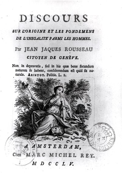 Frontispice til diskurs om opprinnelsen og grunnlaget for ulikhet blant menn av Jean-Jacques Rousseau (1712-78) ca. 1755 av French School