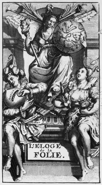 Frontispice til In Praise of Folly av Desiderius Erasmus av French School