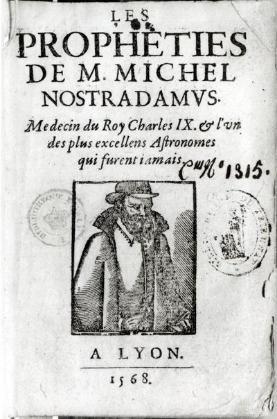 Frontispice til Les Propheties de M. Michel de Nostradamus (1503-66), med et portrett av Nostradamus, utgitt i Lyon 1568 av French School