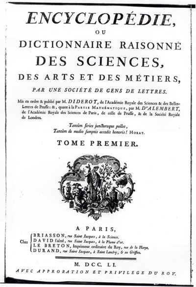 Frontispice til The Encyclopedia of Science, Art and Engineering av Denis Diderot (1713-84) utgitt i Paris, 1751 av French School