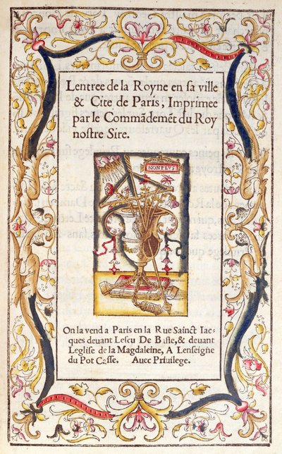 Frontispice til en bok om Marguerite de Navarres (1492-1549) inntog i Paris i 1531 av French School