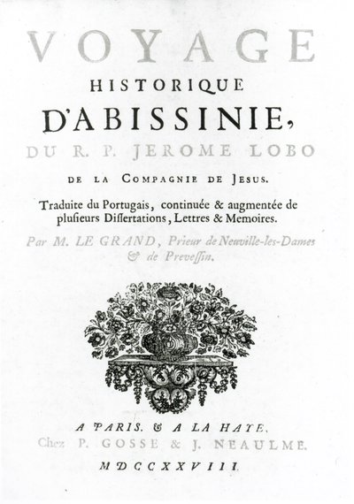 Frontispice til den franske oversettelsen av Voyage to Abyssinia av Jeronimo Lobo (ca. 1596-1678) utgitt 1728 av French School