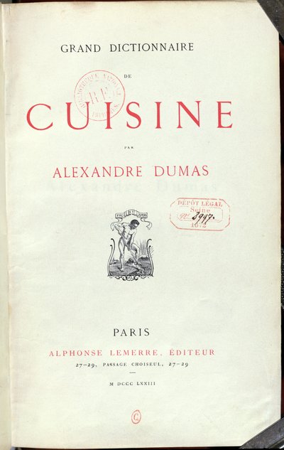 Frontispice til Grand Dictionnaire de Cuisine av Alexandre Dumas pere (1803-70) 1873 av French School