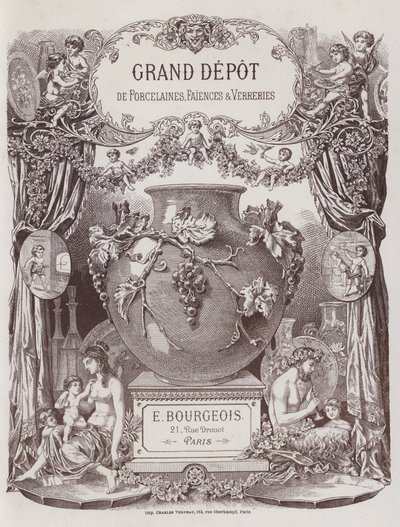 Frontispice til katalogen til Grand Depot de Porcelaines, Faiences et Verreries (farge litho) av French School