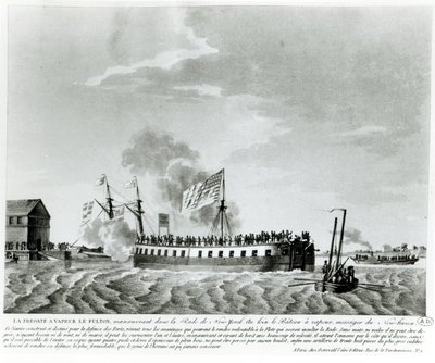 Fultons dampdrevet krigsskip, Fulton the First, designet og bygget av Robert Fulton for forsvaret av New York i krigen i 1812 (bw-foto fra tidlig 1800-talls gravering) av French School