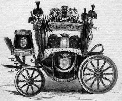 Funebre tank brukt under obseques av Prince Jerome Bonaparte (1784-1860). Gravering i "" Le Monde Illustré"" nr. 169 av 7. juli 1860. av French School