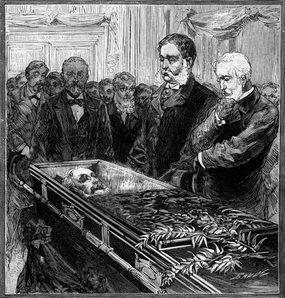 Begravelse til James Abram Garfield (1831-1881), president i USA: hans erstatter, Chester Alan Arthur (1830-1886) og sekretær Blain foran kisten under kuppelen til Washington Capitol. Gravering i "" Le Monde Illustré"" n°1282 av av French School