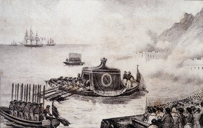 Begravelse av Napoleon I: St. Helenas avgang - tegning av Levilly, i "" Historisk maleri av Napoleons begravelse"" av M. St. Maurice, ca. 1851. av French School