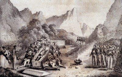Begravelse av Napoleon I: utgraving av liket av Napoleon ved St. Helena - tegning av Levilly, i "" Historisk maleri av Napoleons begravelse"" av M. St. Maurice, ca. 1851. av French School