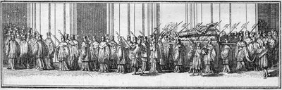 Begravelse av en pave på 1700-tallet: Pavens kropp bæres til St. Peter-kirken i Roma. Gravering i "Histoire des religions"". av French School