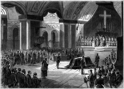 Begravelse til greven av Cavour, Torino, 7. juni 1861: innvendig utsikt over kirken til englenes madonna under seremonien. Gravering i "" Le Monde Illustré"" nr. 219 av 22. juni 1861. av French School