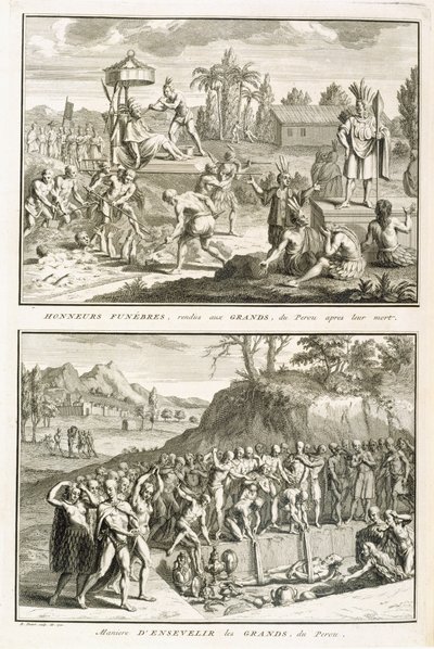 Begravelsesritualer og måten å gravlegge herrer etter deres død, i Peru, illustrasjon fra religiøse seremonier og skikker, gravert av Bernard Picart (1673-1733) 1722 av French School
