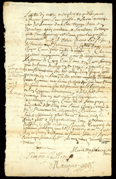 Pelshandelskontrakt mellom Francois Francoeur og fire voyagører for transport av varer og kjøp av beverpelt i Michilimackinac og Chicago, 1692 (se også 332318) av French School