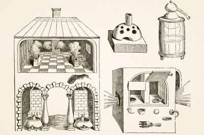 Ovner og diverse apparater brukt av kjemikere og alkymister i middelalderen, etter en gravering av Vriese, fra Science and Literature in The Middle Ages av Paul Lacroix pub. London 1878 av French School