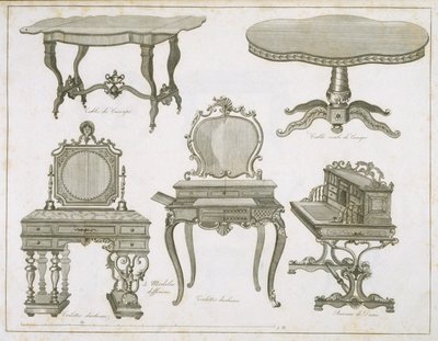 Møbeldesign av Lefevre-Chauveaux, fra Album Dessins de Meubles, svart og hvit gravering av French School