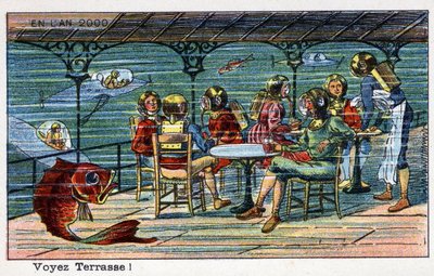 Futuredays: A Nineteenth Century Vision of the Year 2000 - Serie “” In the year 2000”: Se terrasse (under havet). Kromolitografi av Villemard av French School