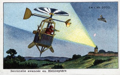 Futuredays: A Nineteenth Century Vision of the Year 2000 - Serie "" En l'year 2000": Helikopter fremrykk vaktpost - Chromolithography av Villemard av French School