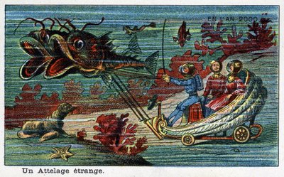 Futuredays: A Nineteenth Century Vision of the Year 2000 - Serie "" In the Year 2000": En merkelig hake (tank trukket av fisk under havet). Kromolitografi av Villemard av French School