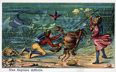 Futuredays: A Nineteenth Century Vision of the Year 2000-serien: A Difficult Capture (Under Sea). Kromolitografi av Villemard av French School