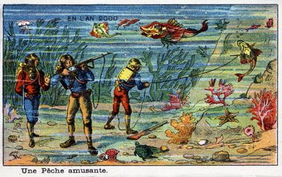 Futuredays: A Nineteenth Century Vision of the Year 2000 Series: A Fun Fishing (Under the Sea). Kromolitografi av Villemard av French School
