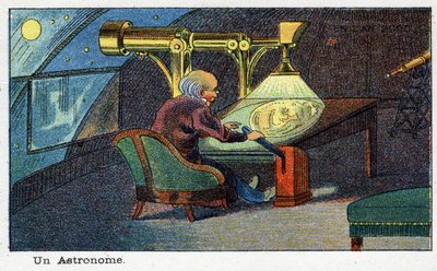 Futuredays: A Nineteenth Century Vision of the Year 2000-serien: En astronom (arbeider med et bestemt teleskop). Kromolitografi av Villemard av French School