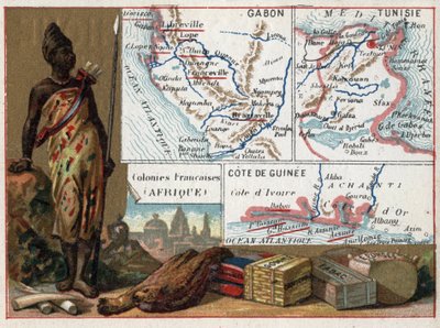 Gabon, Tunisia og Guineekysten i Afrika. Serie om de franske koloniene. Råmateriale: tyggegummi, svamp, tobakk og silke, elfenben. Chromolithography (Chromo) "" den geografiske tråden"", ca 1920. Privat samling. av French School