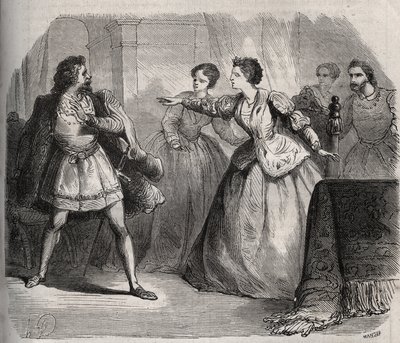 Gabrielle de Vergy bestrider forloveden sin, Eudes de Fayel, som er sjalu på vennskapet hun har med sin fetter, Albert de Nozereau. Scene av en legende fra 1100-tallet. Gravering fra 1871 i «Histoire Des Cocus Celebres»» av Henry de Kock (1819-1892). av French School