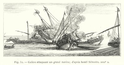 Bysse som angriper et stort skip; etter Israel Silvestre, 1600-tallet (gravering) av French School