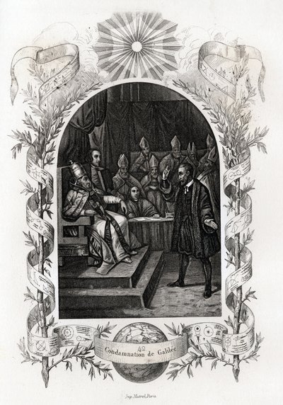 Galilea (eller Galileo Galilei (1564-1642)) foran det hellige kontor i Vatikanet”” Astronomen ble dømt av inkvisisjonsdomstolen i 1632. Gravering for å illustrere Histoire des popes av Maurice Lachatre (1814-1900), librairie du progres, Paris. av French School