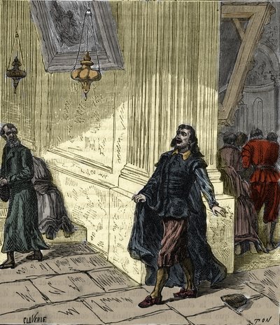Galileo Galilei (1564-1642), Italian scientist, observing the pendulum-like swinging of a lamp in Pisa Cathedral, Italy, in 1582 - Galileo Galilei dit Galilee (1564-1642) observing the oscillation of the lamp of the Cathedrale of Pisa in 1582 - Engraving i av French School