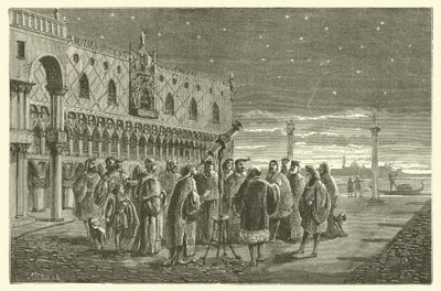 Galileo viser satellittene til Jupiter til senatorene i Venezia (gravering) av French School