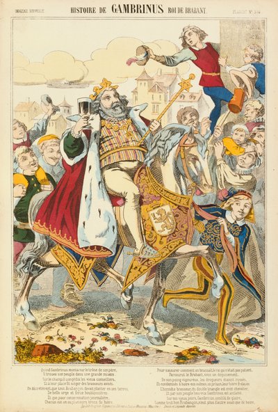 Gambriunus, legendarisk konge av Flandern, broadsheet utgitt av Verlag Haguenthal, Pont-a-Mousson, 1860 av French School