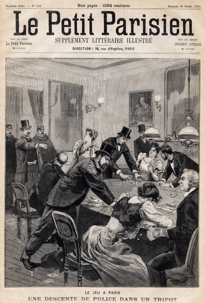 Spillhus i Paris: Politirazzia i en gamblingklubb (casino). En av avisene "Le Petit Parisien"" den 26/02/1893 (gravering) av French School