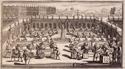 Gartnere som jobber i en appelsinhage, fra Le Parfait Jardinier, eller Instruction pour les Jardins Fruitiers et Potager, av Jean de la Quintinye, utgitt 1695 av French School