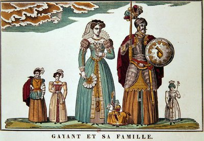 Gayant og hans familie, Imagerie de Lille (farge litho) av French School