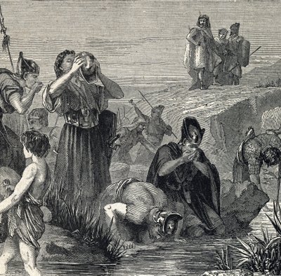 Gedeon (Gideon) kaller av Gud for å beseire madianittene velger sine soldater blant dem som drikker mens de bærer vann til munnen (Gideon eller Gedeon velger soldatene sine og holder bare de som løftet vannet til munnen, og mens de gjør det, dra av French School