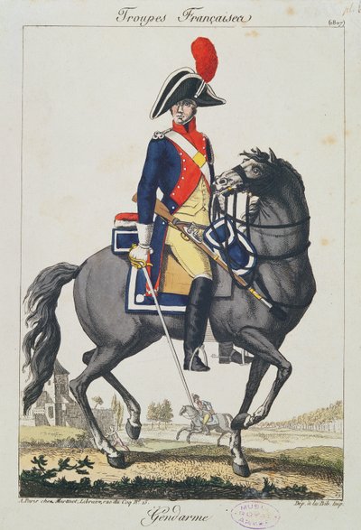 Gendarme montert på en hest, 1807 (fargegravering) av French School