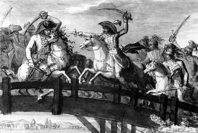 General Alexandre Dumas, Horatius Cocles i Tyrol. drepte tre østerrikske motstandere på egenhånd på Clausen-broen i 1797, ca. 1797 (gouache) av French School