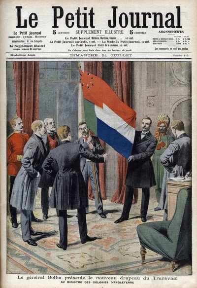 General Pieter Willem Botha (a Boer) presents the new flag of Transvaal (South Africa) to the English Colonial Minister Lord Elgin - In “Le Petit Journal” of July 21 av French School